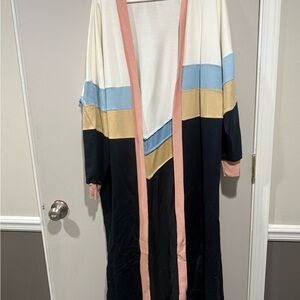 Colorblock Long Open Cardigan - Cream, Blue, Mustard, Navy, Pink Trim